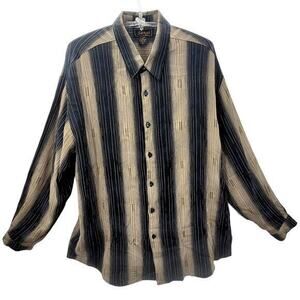Sangi Black Tan Rayon Striped Long Sleeve Button‎ Up Men's Shirt